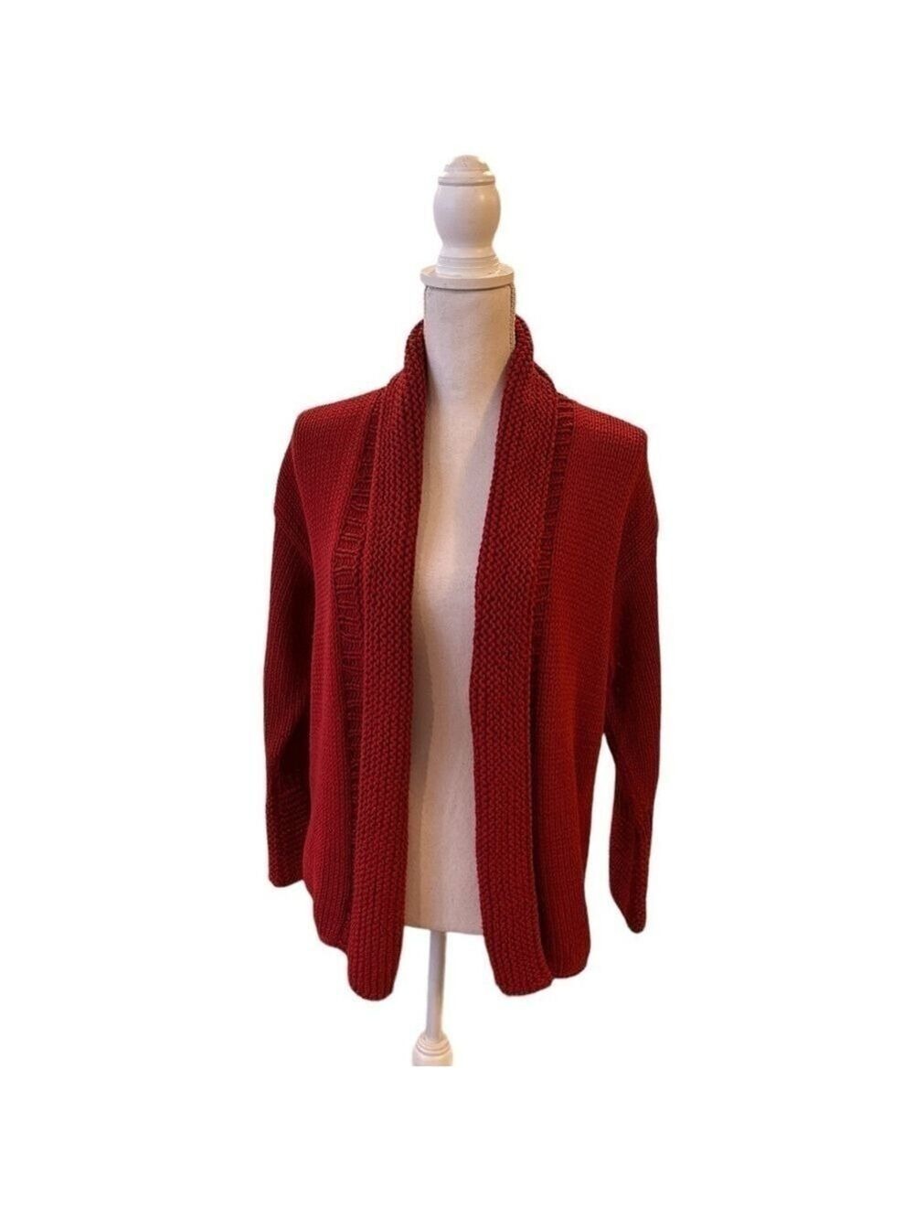 Pure Hand knit Burgandy 100% Cotton Open Cardigan Sweater Woman's Large Petite